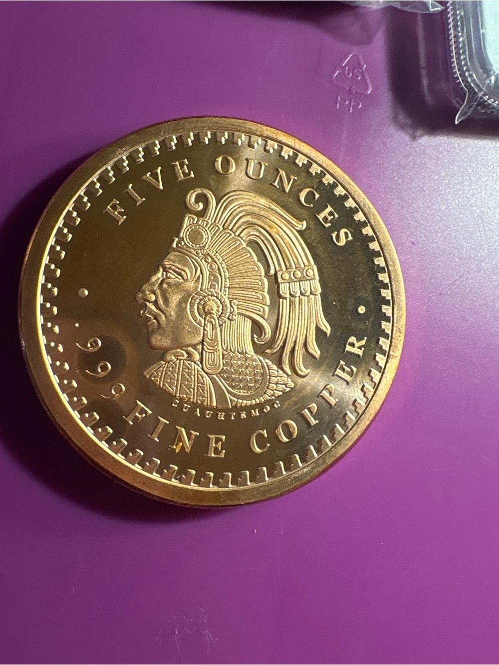 Five Ounces .999 Fine Copper Coin - Gold Tone